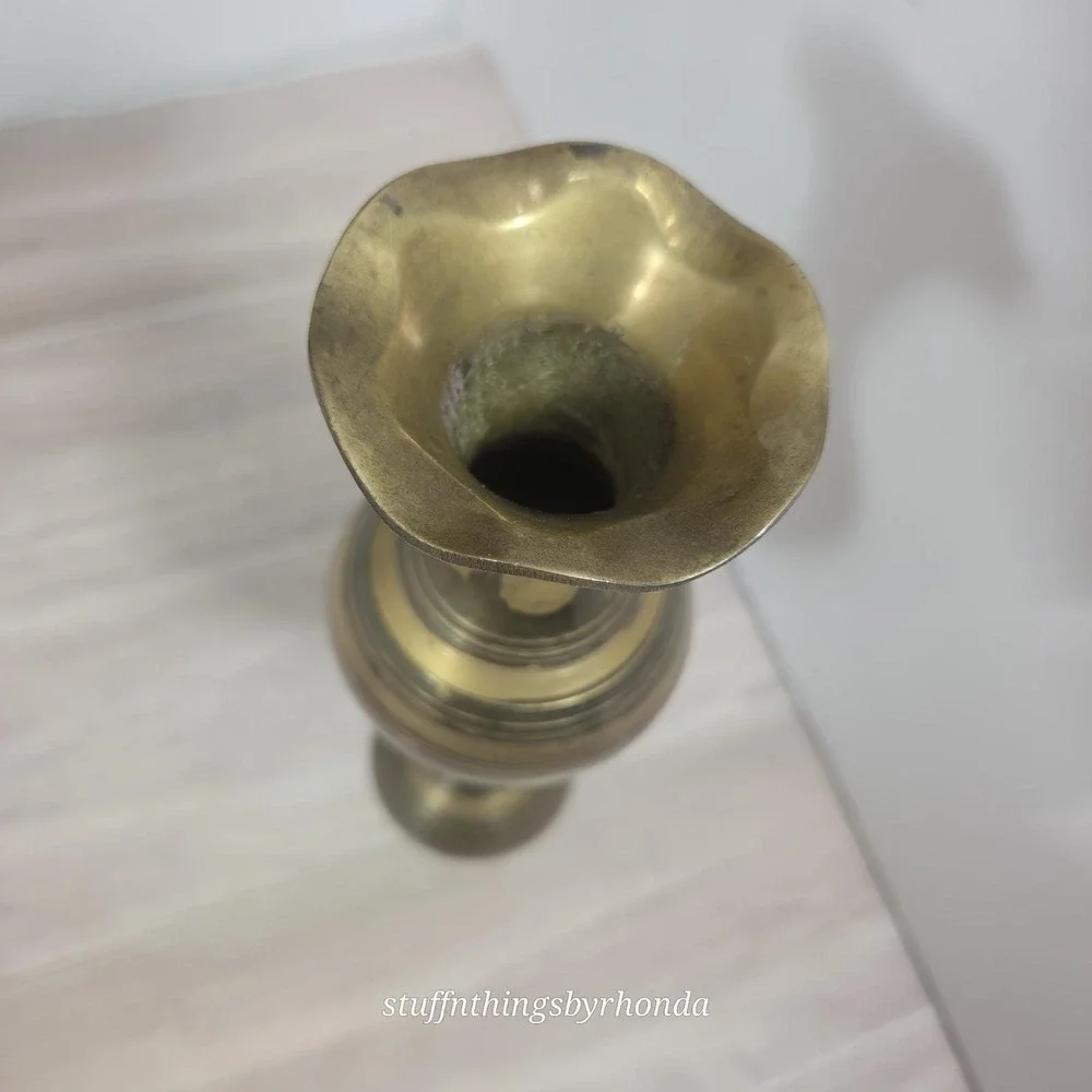Vintage Etched Solid Brass Vase Made in India Ruffled Rim Floral Design 8 Inch
